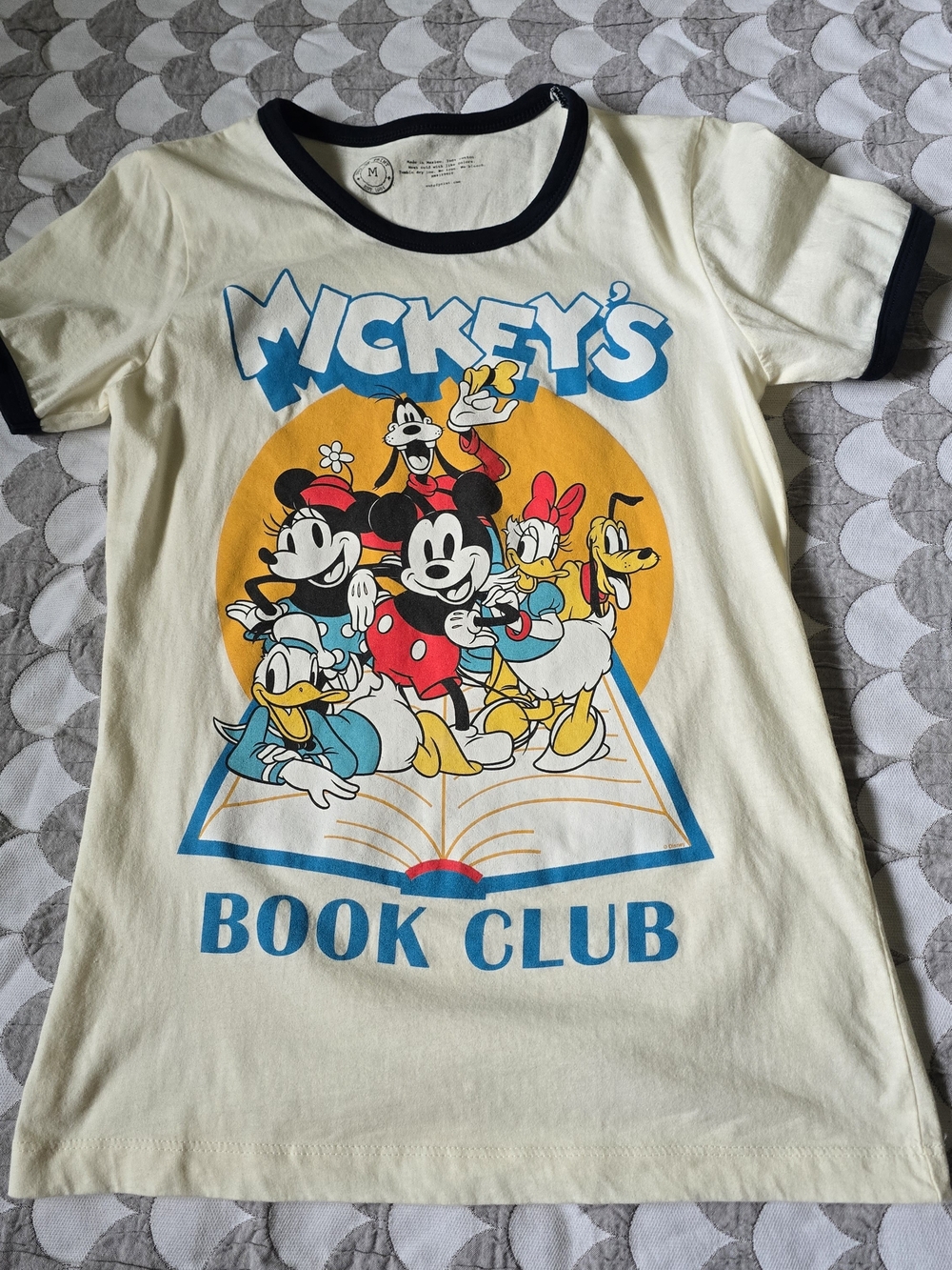 Out of Print Cream Kids Tee with Blue Trim Mickey's Book Club Graphic